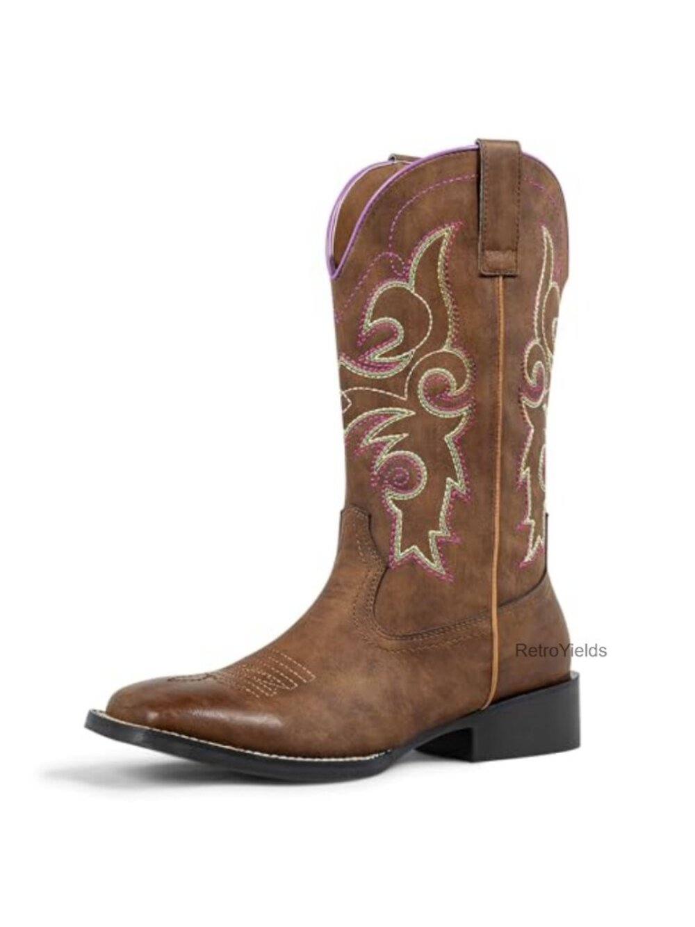 Wide Calf Western Cowboy Boots Square Toe Faux Leather Mid-Calf